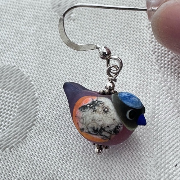 Handcrafted Glass Enamel Bird Earrings – Artisan Dangle Hand Painted 925 Silver - Picture 11 of 11